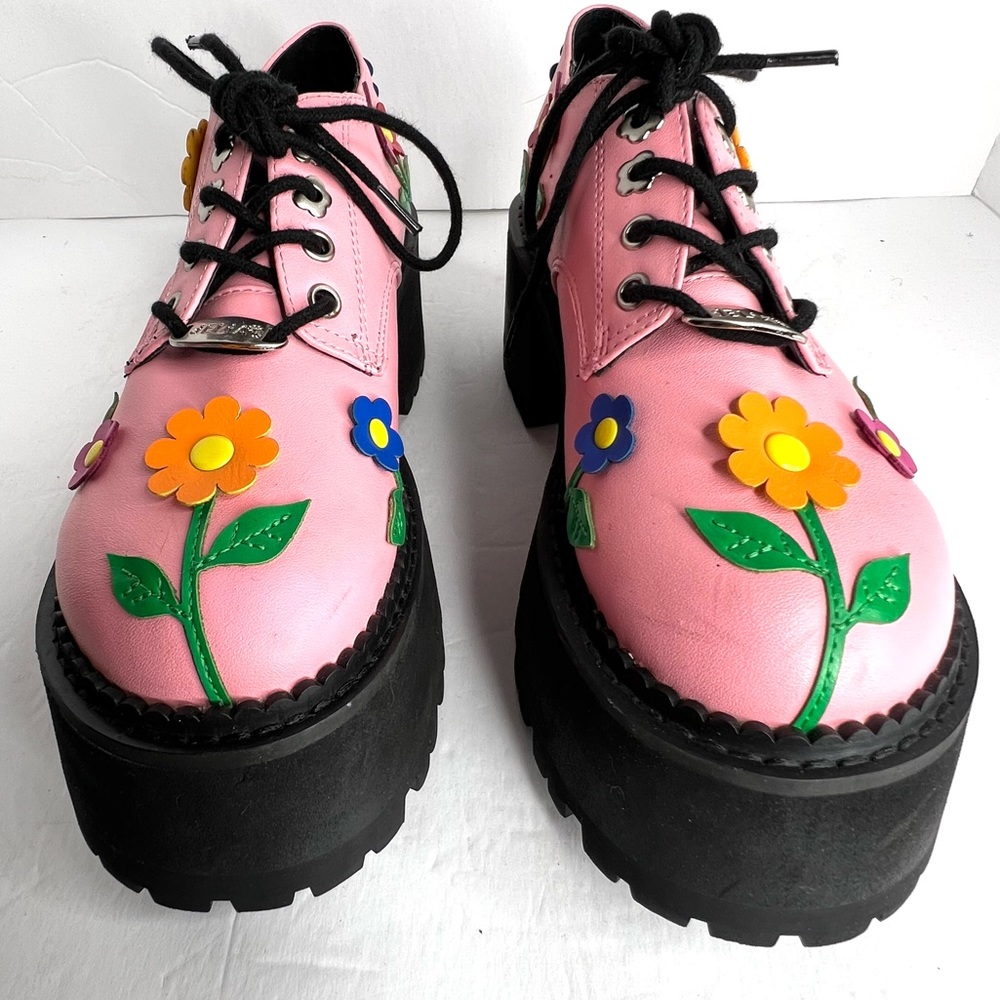 Delia’s Platform Shoes Pink Floral Flower Chunky Lace Up Size 5 Faux Leather - Picture 11 of 15